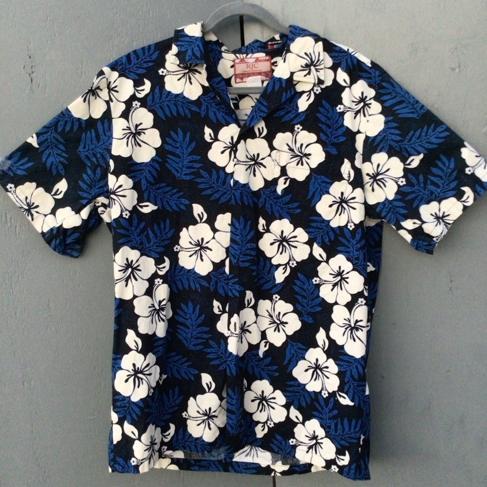 RJC Vintage Made Hawaiian Short Sleeves   Men Cotton Blue Hibiscus USA Tropical